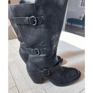 Born ladies moto black leather‎ knee high boots w/ triple buckle. Y2K 90s sz 10